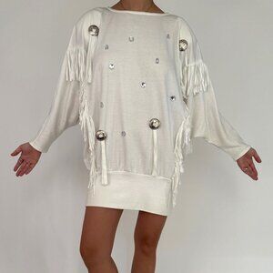 80s vintage white embellished fringed funky crazy cotton short dress one size